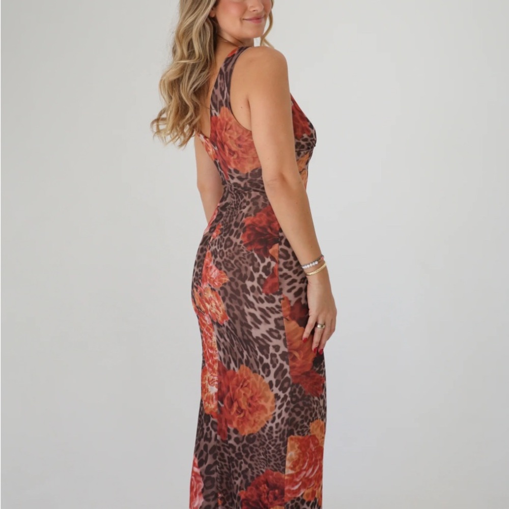 Blue Blush Leopard Print Mesh Maxi Dress with Floral Accents - Picture 3 of 10